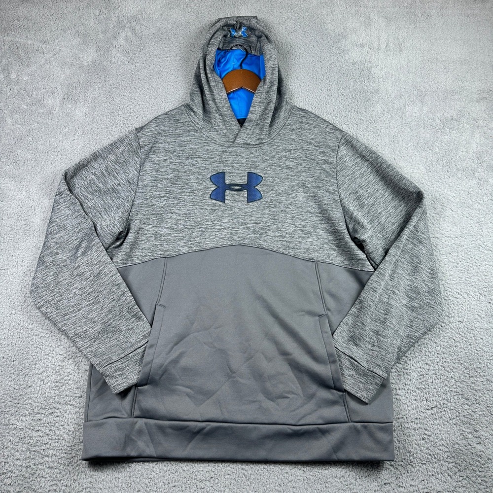 Under Armour ColdGear Hoodie Mens XL Grey Blue Athletic Fleece Sweatshirt